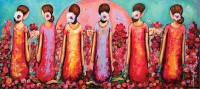 Shazly Khan, Beautiful Friendship Cherished Over A Breathtaking Bed Of Roses And Cup Of Tea, 24 x 54 Inch, Acrylic on Canvas, Figurative Paintings, AC-SZK-091